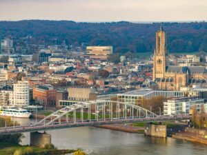 a view of a city with a bridge going across it